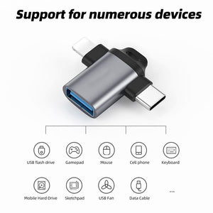 Portable 2-in-1 USB Female Adapter to Lightning Male and USB-C Male OTG Adapter