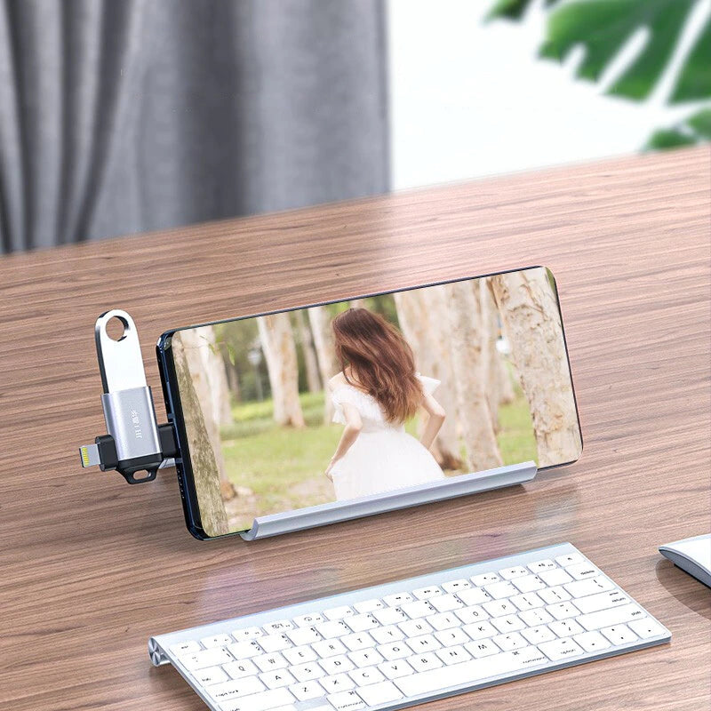 Portable 2-in-1 USB Female Adapter to Lightning Male and USB-C Male OTG Adapter