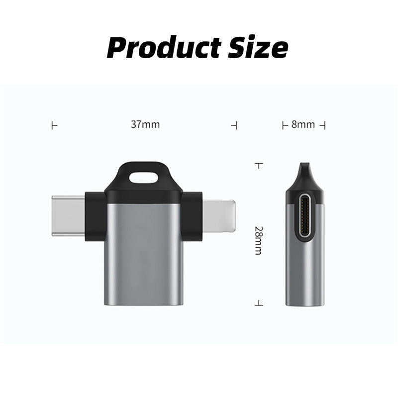 Portable 2-in-1 USB Female Adapter to Lightning Male and USB-C Male OTG Adapter