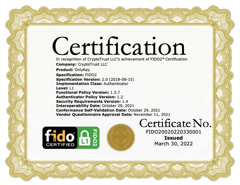 OnlyKey Achieves FIDO2 Certification