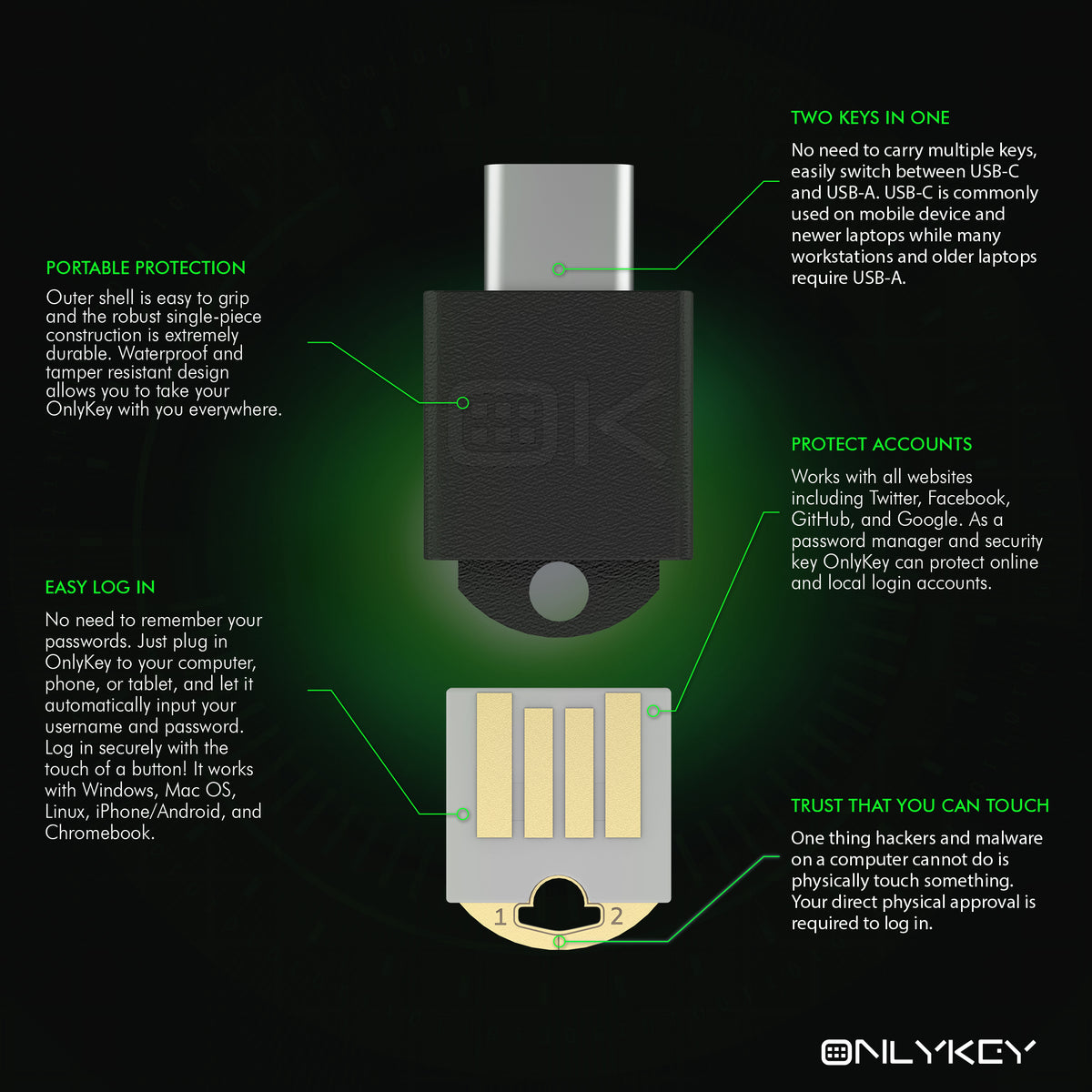 Two Key Device OnlyKey DUO - Dual USB-C and USB-A Security Key